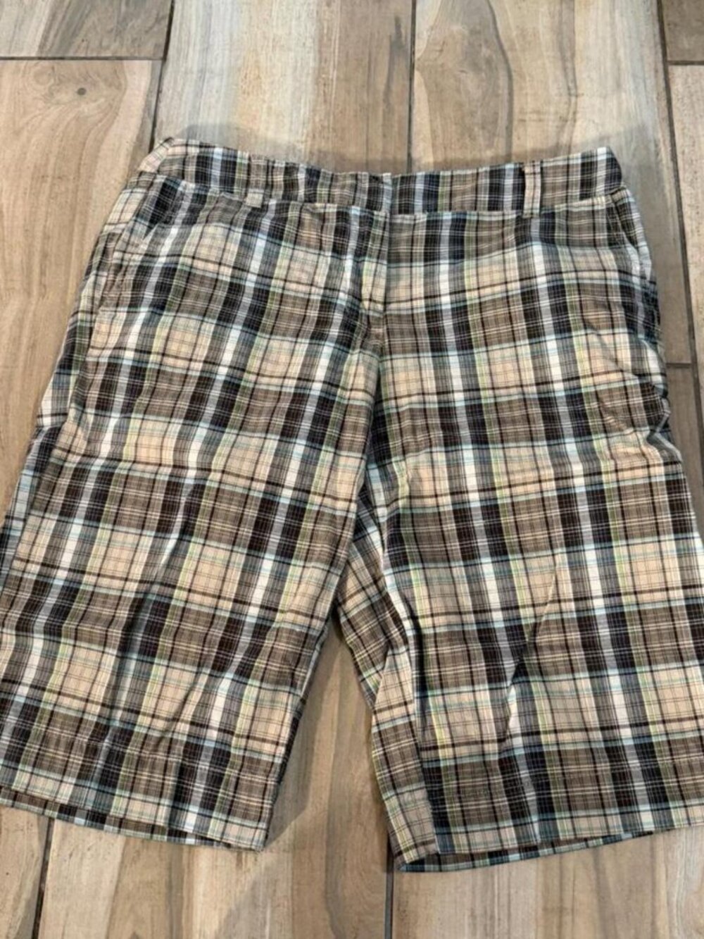 Manhattan Chino by New York & Company brown, beige, green and blue plaid cotton
